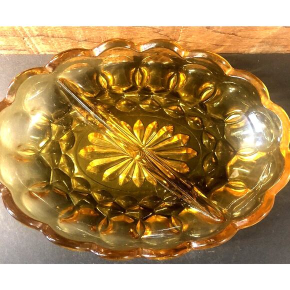 Amber Glass Anchor Hocking Fairfield Divided Oval Relish Dish Candy Nut Bowl - Picture 1 of 10